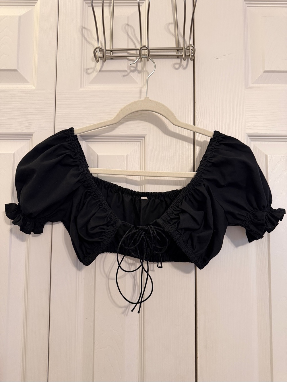 Black Puff Sleeve Crop Top Ruched Tie Front Romantic Milkmaid Fairy Grunge